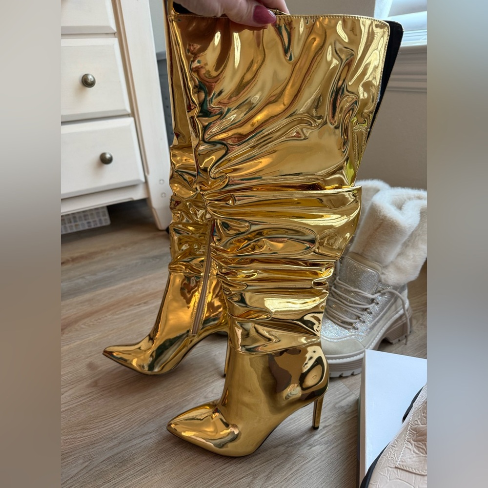 INC International Concepts Gold Metallic Slouch Knee-High Stiletto Boots